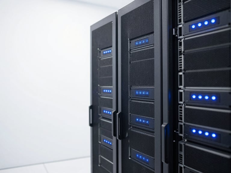 Close-up of server racks with glowing blue lights, clean white background, sharp focus, high-key studio lighting, minimalist composition.