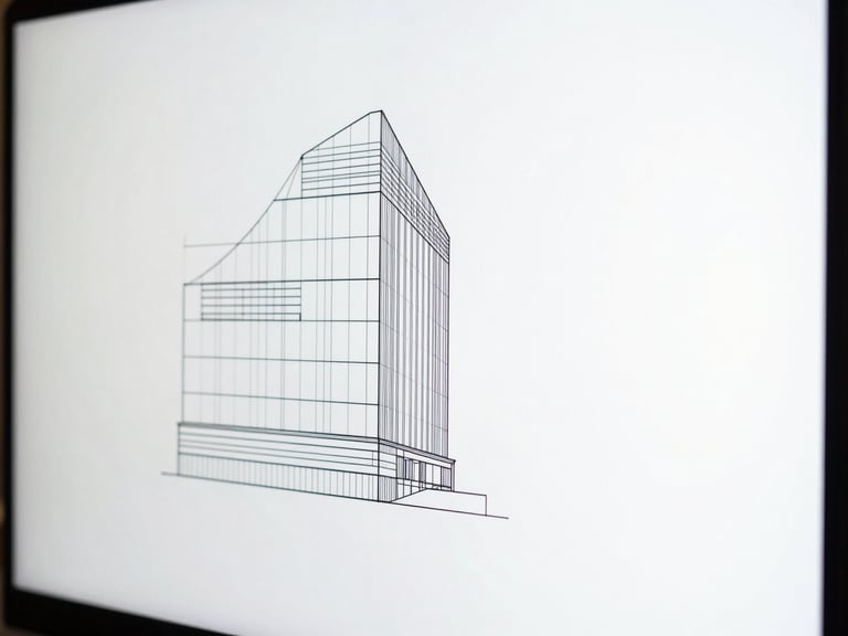 Macro close-up of abstract architectural diagram on a modern display, bright studio light, clean white backdrop, sharp shadows, minimalist composition.