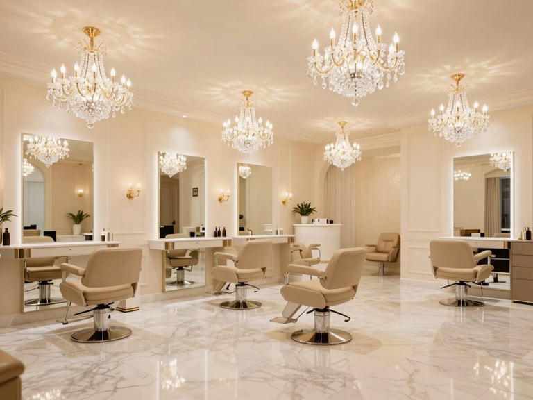 Bright high-key luxury salon interior, grand crystal chandeliers reflecting on ivory marble floors, soft champagne gold tones, warm editorial photography