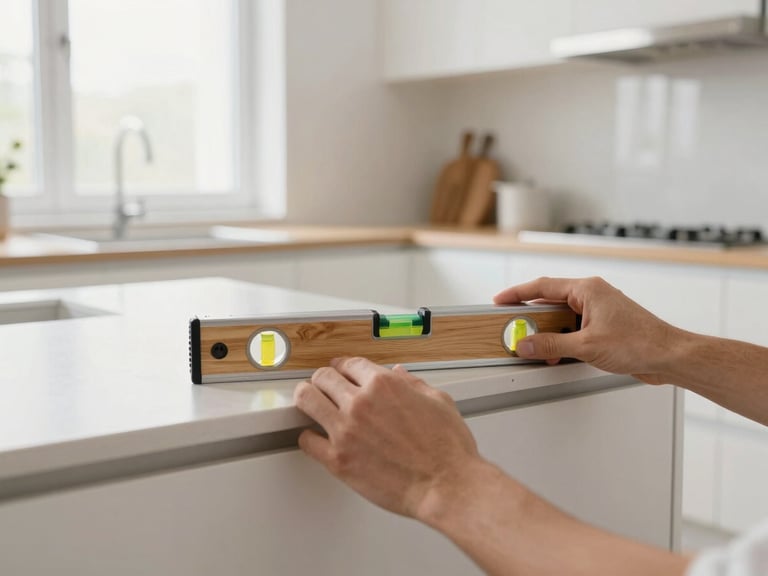 Close-up of hands using a laser level to ensure a cabinet box is perfectly level, with a partially installed modern white kitchen in the background, bright window light.