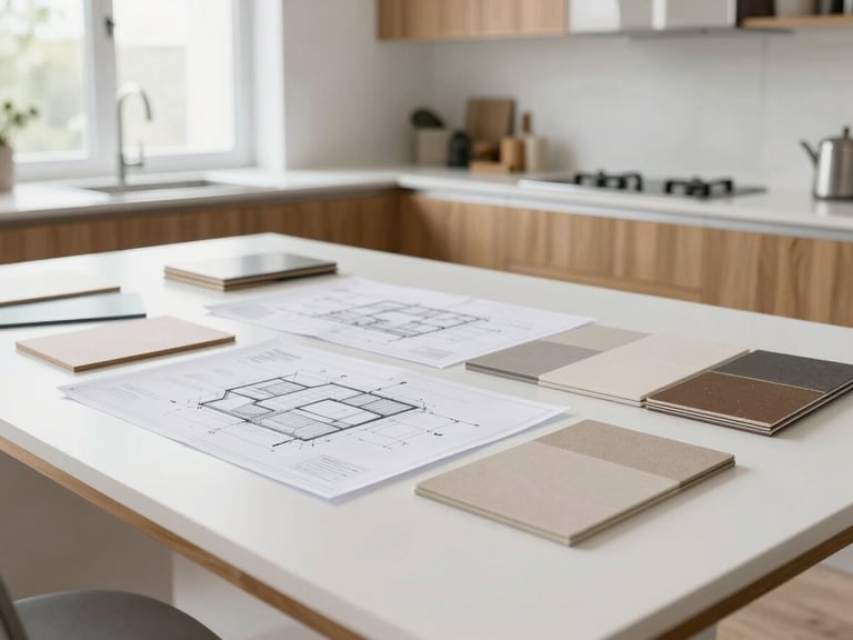 Wide shot of a modern kitchen design studio with architectural blueprints and material samples on a large white table, bright natural light.