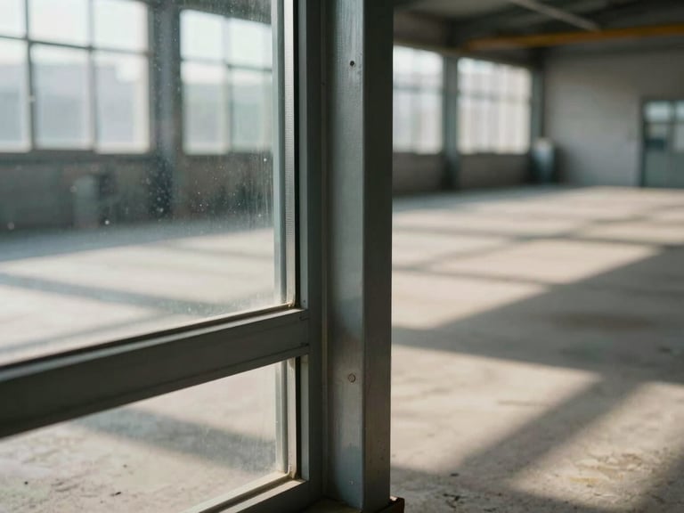 Extreme close-up of heavy glass and steel framing joints in an empty industrial warehouse, hard afternoon sun casting geometric shadows.