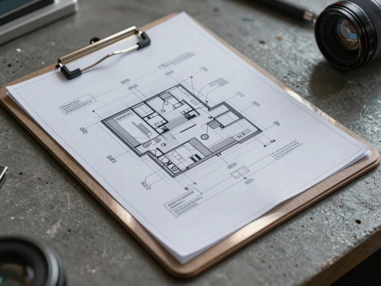 Macro flat-lay of technical blueprints clamped to a cold-rolled steel clipboard on a dark concrete workbench.