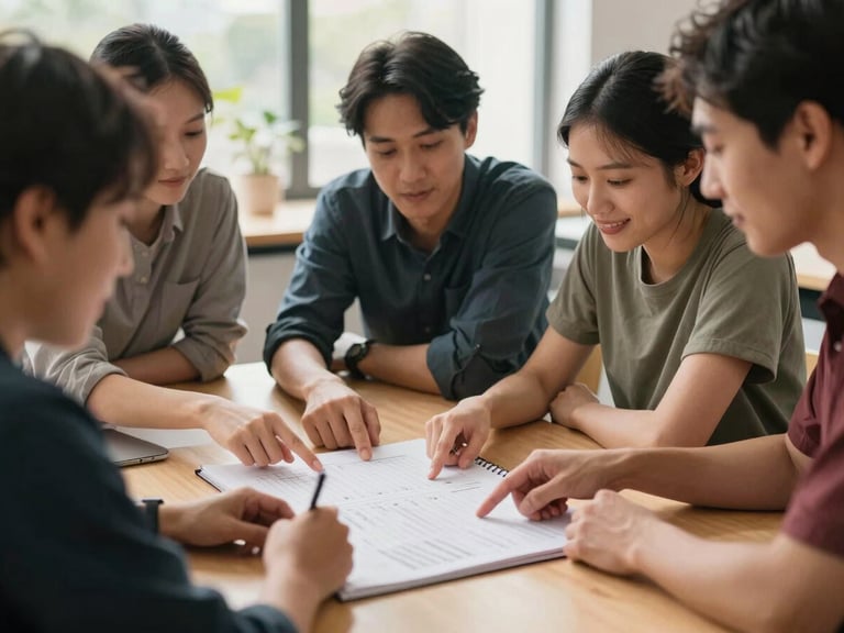 A warm, natural light workshop setting where a small group of community members collaborate around a table, hands pointing to a planner, smiling in shared relief.