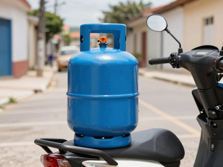Bright commercial photography of a clean blue gas cylinder with an orange safety seal on a delivery motorcycle in the sunny streets of Camaçari, warm natural daylight, sharp focus, 35mm lens.
