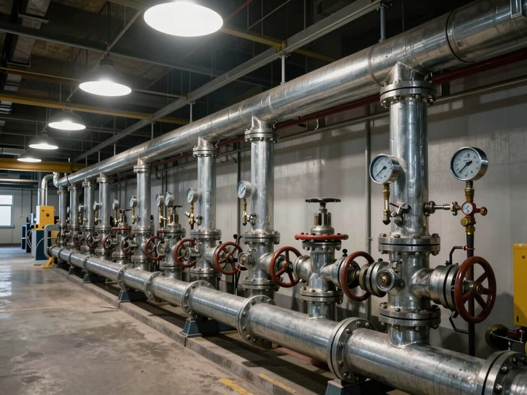 Wide angled view inside a mechanical plant room, steel pipe network running along the wall with isolation valves and pressure gauges, overhead shop lights casting honest industrial light, no people, focus on the system itself