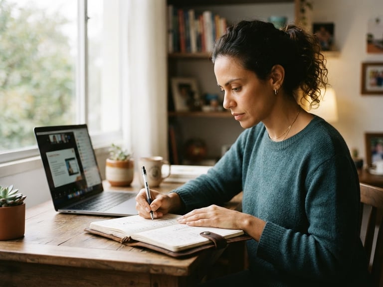Wide shot of an adult woman in her late 30s, Brazilian, with focused expression, writing notes in a leather-bound notebook during an online class, soft natural window light, muted academic tones, shallow depth of field, 35mm film.