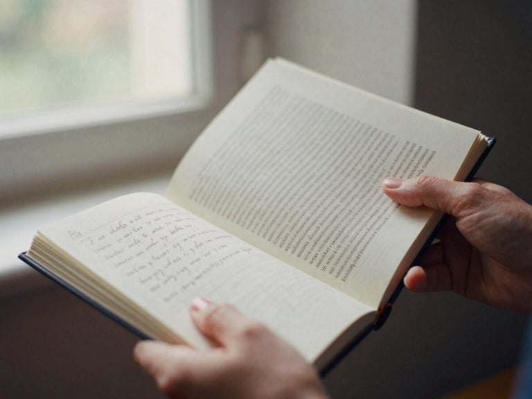 Close-up of hands, one holding a classic psychoanalytic book, the other turning pages of a notebook with handwritten notes, warm natural window light, muted academic tones, shallow depth of field, 35mm film.