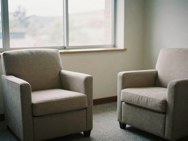 A professional consultation room with two elegant armchairs, one empty, suggesting a therapeutic setting, soft natural light from a large window, muted academic tones, shallow depth of field, 35mm film.