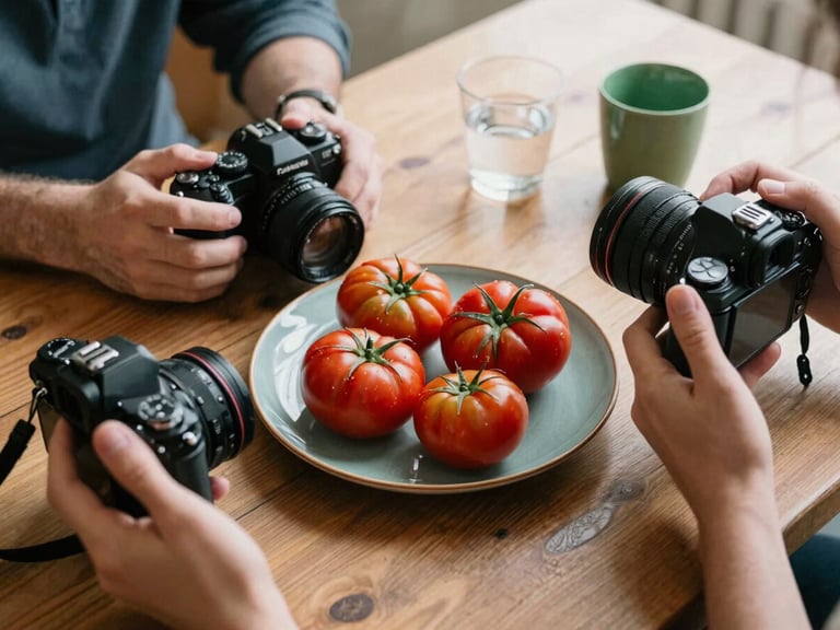 Overhead table spread of a rustic Scandinavian restaurant, warm daylight, hands holding cameras and adjusting a plate of fresh heirloom tomatoes.