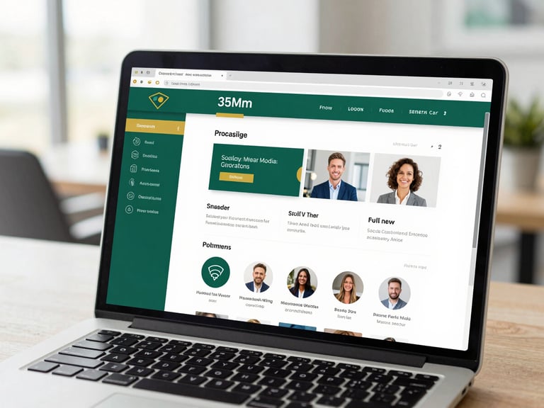 polished editorial photography, bright natural office light, sophisticated emerald and gold tones, shallow depth of field, 35mm. Close-up of a modern laptop screen showing high-end corporate brand guidelines and social media templates.