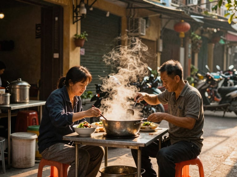 Candid street scene in Hanoi, local food preparation on a small metal table, steam rising in golden-hour light.