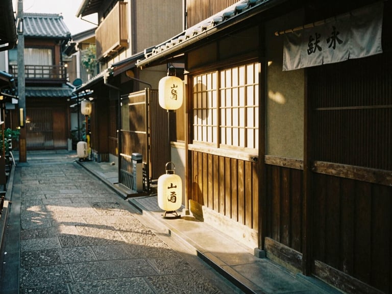 Golden hour sunlight hitting a narrow wooden alleyway in Kyoto, a small glowing lantern outside a ramen stall, 35mm film grain.