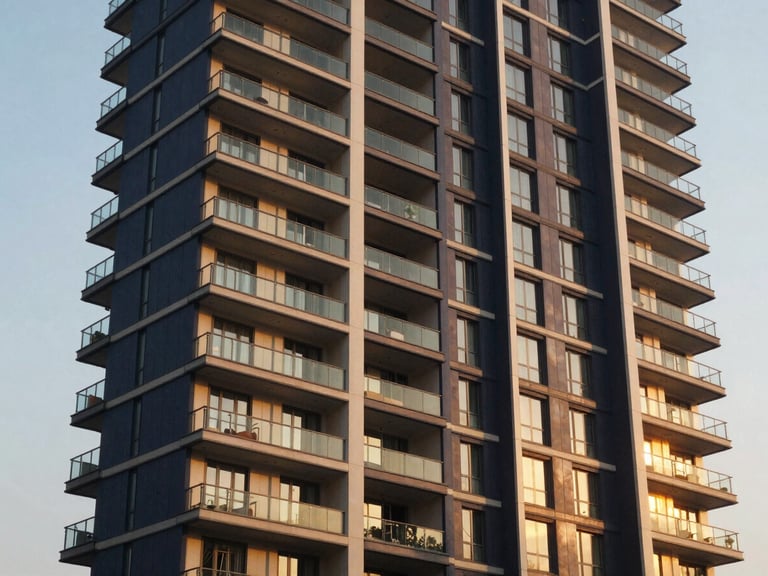 Modern high-rise apartment building facade with balconies and glass railings, reflecting golden hour light, urban Indian setting.