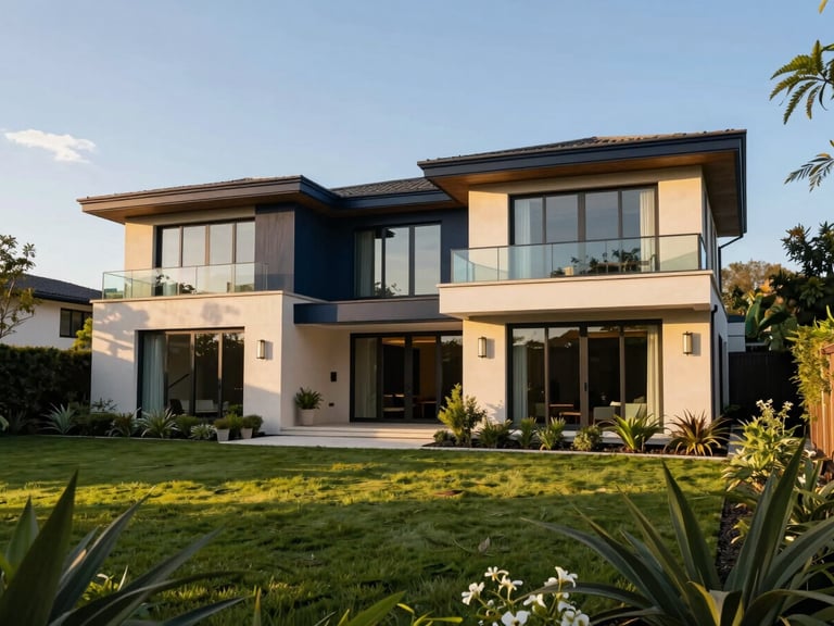 Sunlit modern luxury villa with expansive windows, surrounded by lush green landscaping, golden hour, wide-angle.