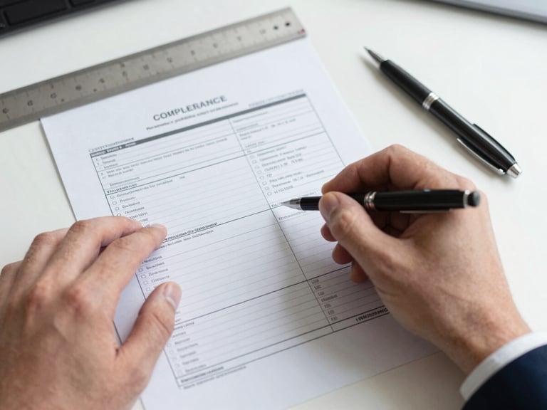 Close-up overhead of hands reviewing a multi-page compliance checklist on a structured desk, a ruler and pen alongside, document pages slightly overlapping, north-facing studio daylight, no faces visible