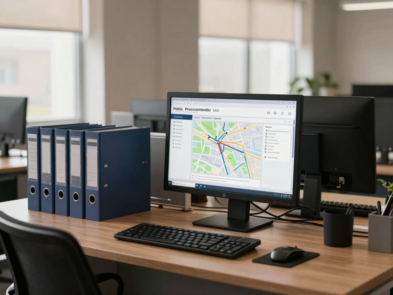 Wide environmental shot of a structured office workspace, a monitor displaying a public procurement portal map, physical binders stacked to one side, empty chairs, muted beige and dark wood tones, soft north-facing window light