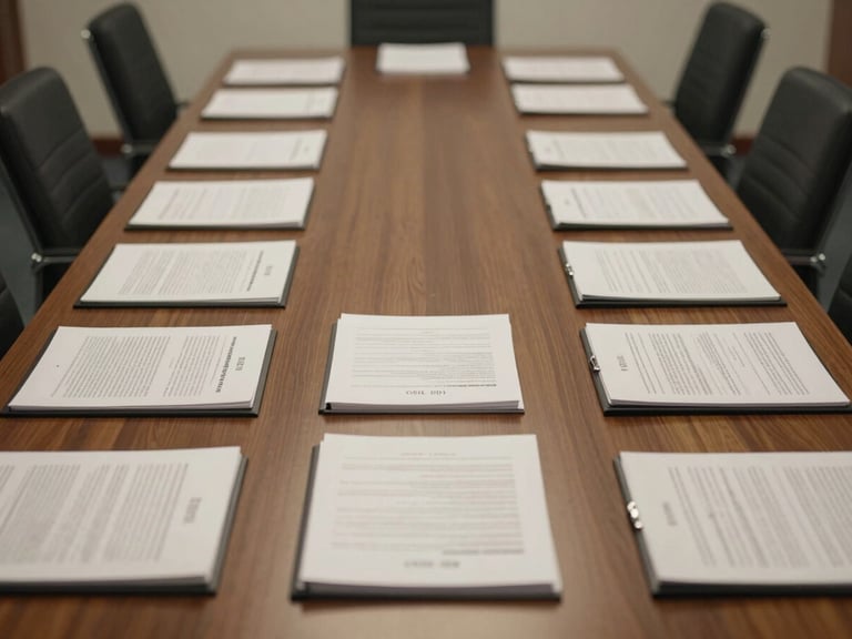 Environmental wide shot of an empty boardroom table with open dossier folders and printed spreadsheets arranged in precise columns, soft indirect office light, no people, muted warm tones