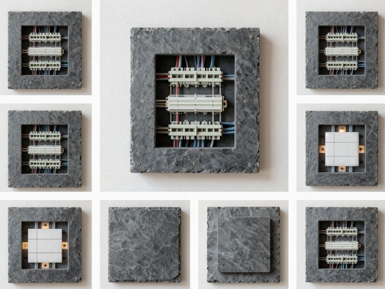 A high-resolution mock-up of a curated social media grid displaying pristine electrical installations, symmetrical panel wiring, and clean architectural lighting, slate gray aesthetic.