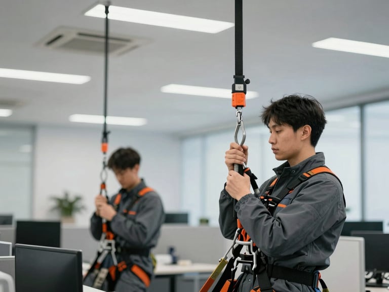 Professional team member in branded gear securing a high-value office asset with specialized rigging, clean corporate office background, cool overcast daylight.