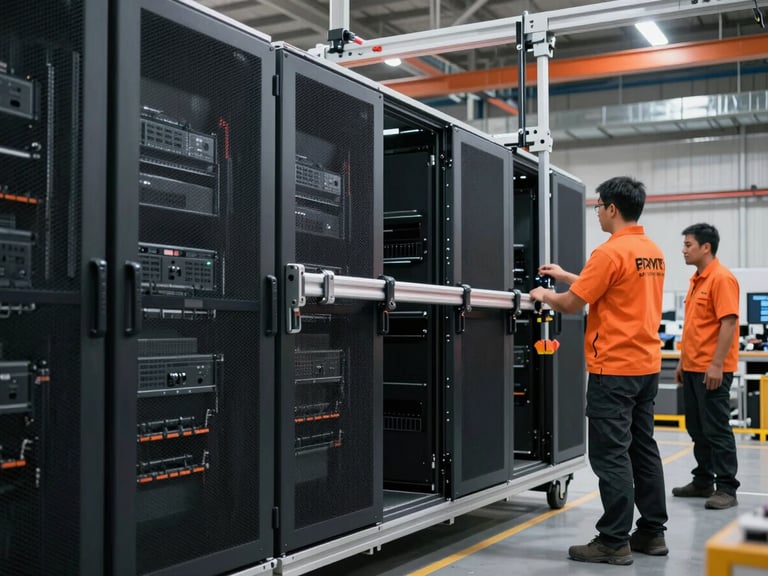 Server rack being carefully moved with specialized technical rigging, professional team member in branded gear, secure warehouse environment, sharp industrial lighting.