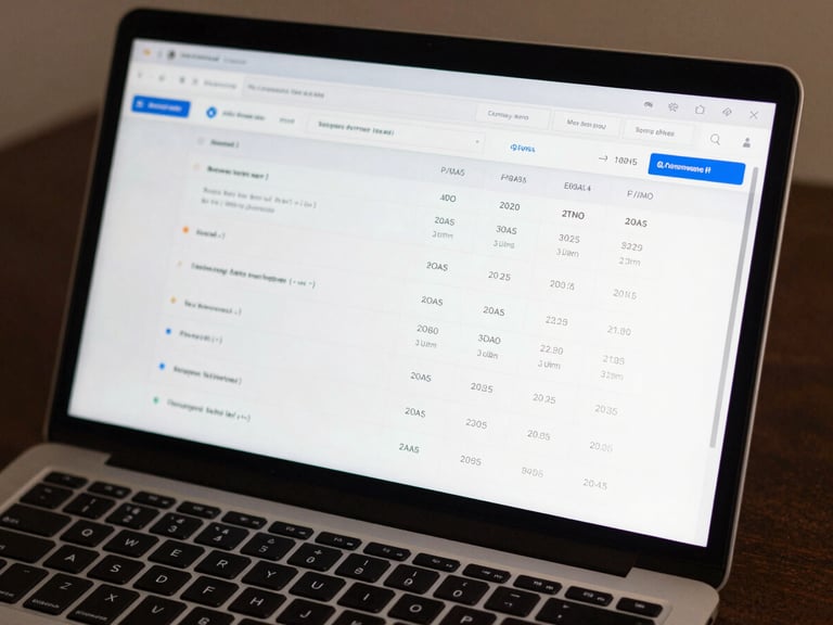 Close-up of a laptop screen showing a Meta Ads Manager dashboard with campaign performance metrics, ROAS and conversion columns clearly visible, even studio lighting, dark desk surface, sharp screen readability