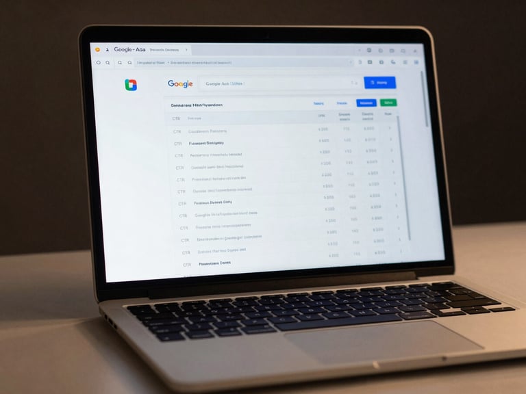 Close-up of a laptop screen displaying a Google Ads campaign dashboard with performance metrics, CTR and conversion columns clearly visible, even studio lighting, minimal desk surface, dark background