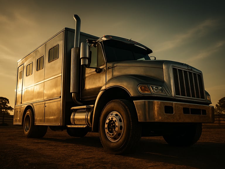 Low-angle heroic shot of a massive custom steel horse truck parked on a Venezuelan ranch at golden hour, sharp metallic reflections, heavy duty chassis visible, 35mm