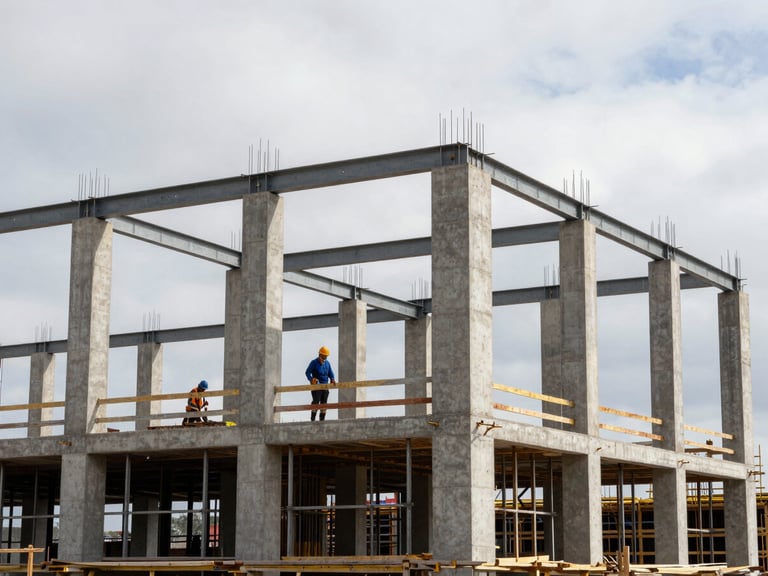 Eye-level wide shot of a commercial building frame under construction in natural daylight — exposed concrete columns and steel beams forming a multi-storey grid, construction crew visible at mid-distance focused on structural work, overcast sky above