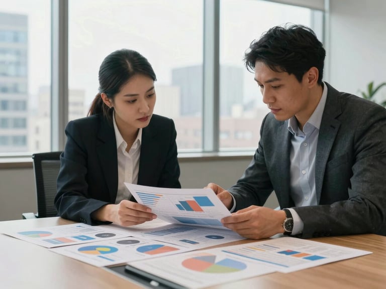 Medium shot of two marketing professionals reviewing printed campaign analytics reports spread across a conference table in a clean New York office, natural daylight from floor-to-ceiling windows, focused working posture, no eye contact with camera