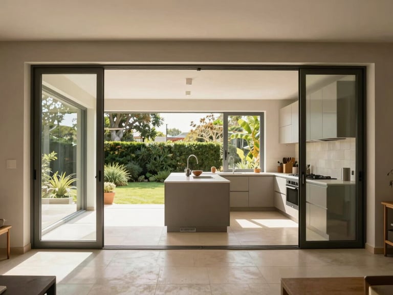 Wide environmental shot of a modern open-concept kitchen, steel-framed glass doors opening to a garden, natural daylight, warm architectural style.
