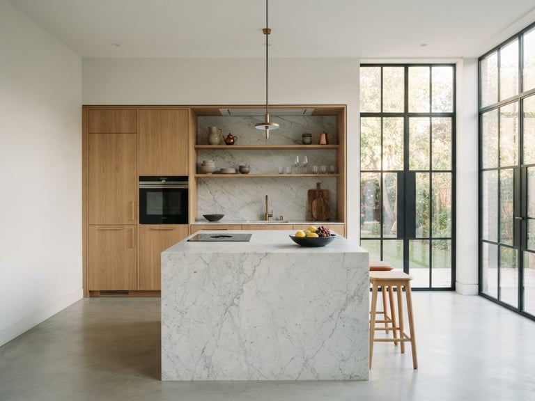 Straight-on architectural photography of a modern minimalist kitchen, white marble island, warm oak cabinetry, soft morning light streaming through large steel-framed windows