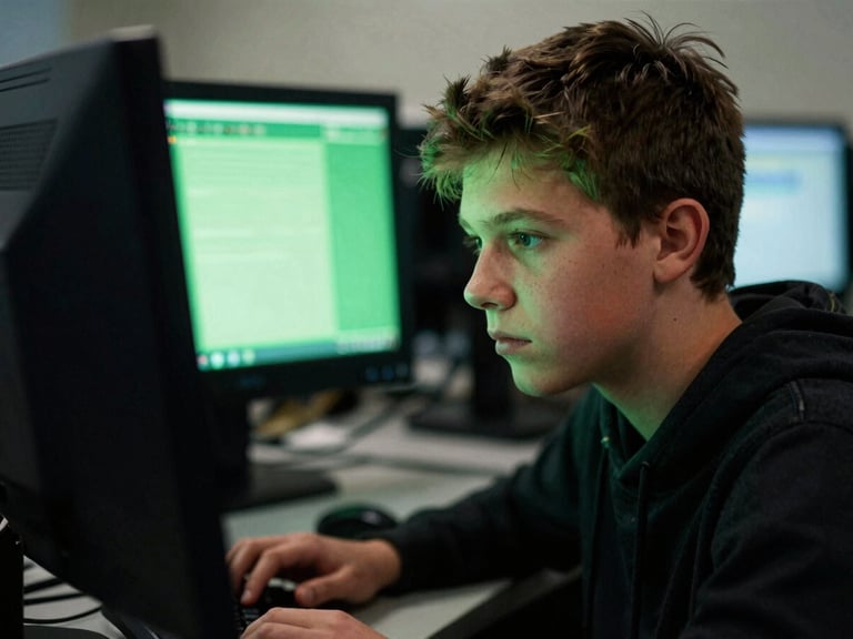 A focused teenager's face illuminated by the bright green glow of a terminal screen, high-contrast shadows, authentic 35mm photography.