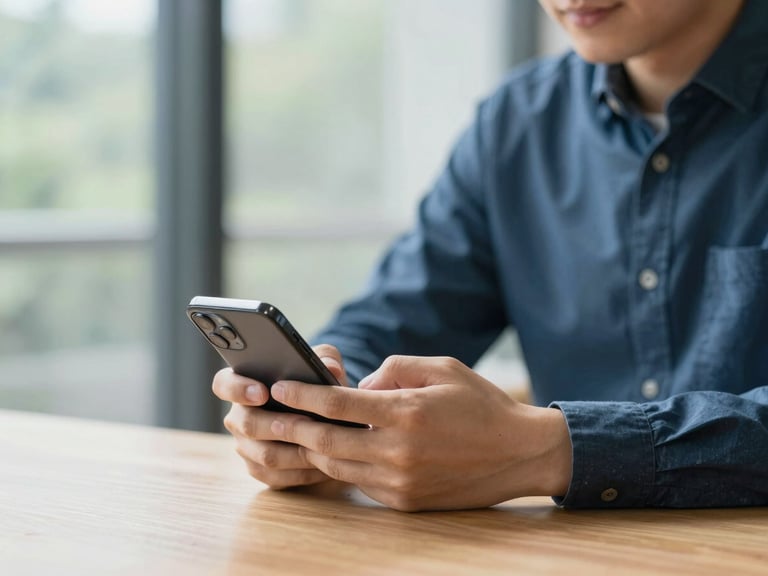 A person sitting calmly at a wooden table, holding a smartphone, looking relieved, soft natural morning light, clean professional photography