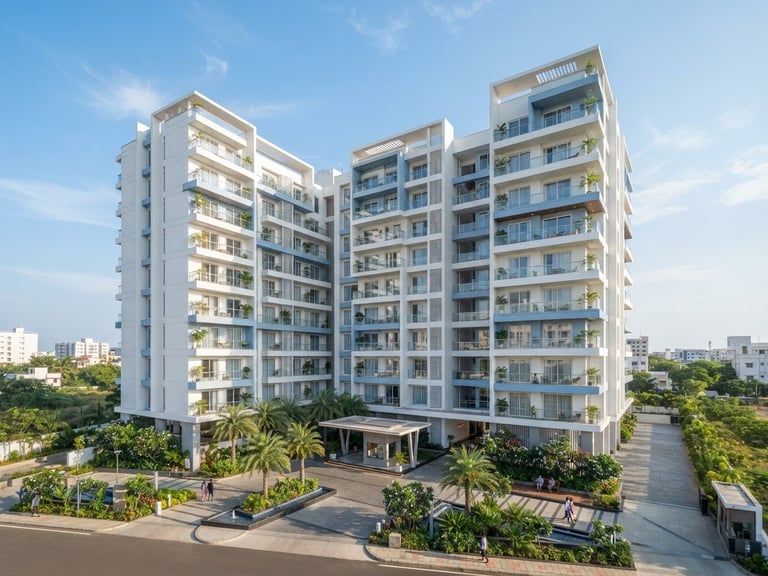 Bright architectural photography of a premium apartment exterior in Kakinada, clear coastal daylight, crisp white and soft blue tones, wide-angle lens.