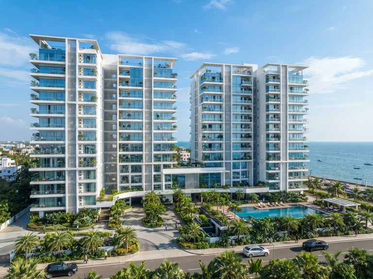 Wide-angle architectural photography of a premium modern apartment building exterior in Kakinada under bright, clear coastal daylight, crisp white facades and soft blue glass accents.