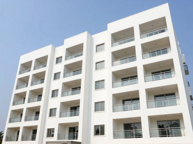 Bright architectural exterior of Subha Gruha premium apartments in Kakinada, showing modern balconies, clean paint finishes, and clear daylight framing