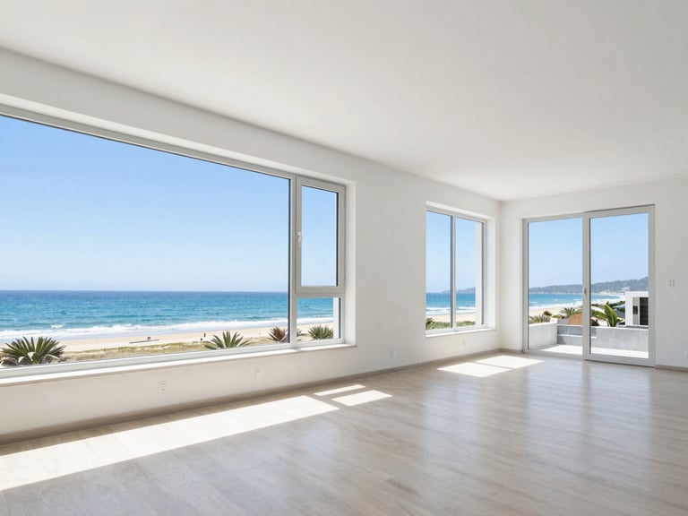 Interior architectural shot of a modern 2 BHK apartment showing a spacious living room with large open windows, natural sea breeze ventilation, bright coastal light.