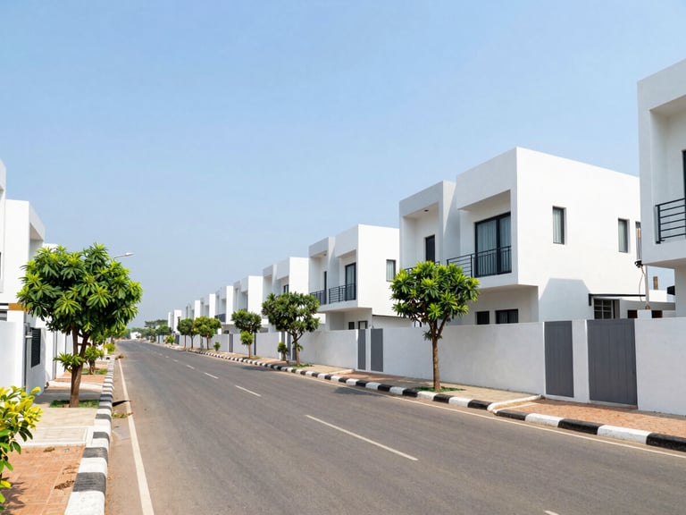 Wide-angle exterior shot of a clean, modern residential street in Kakinada, showing proximity to well-paved roads, green trees, and clear blue sky.