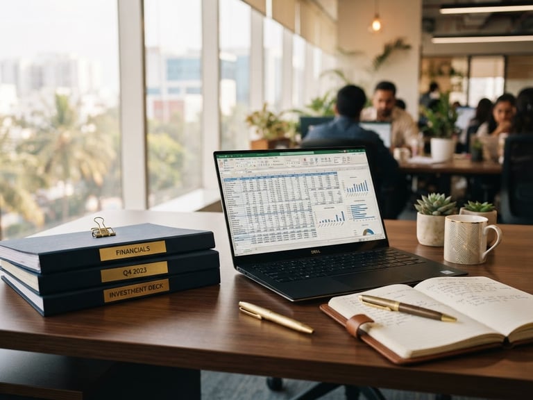 A bright, natural-light Indian corporate office in Bengaluru, a clean wooden desk with neatly organized financial folders, a brass pen, and a laptop screen showing structured spreadsheets, warm gold tones, 35mm.
