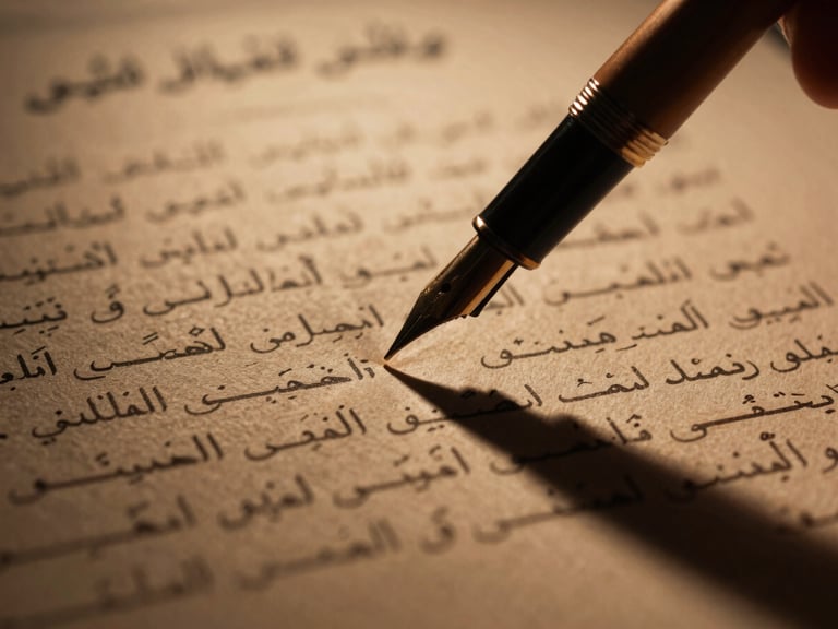 Macro shot of a fountain pen hovering over official legal documents with Arabic script, high-contrast shadows, warm amber tones, sharp focus
