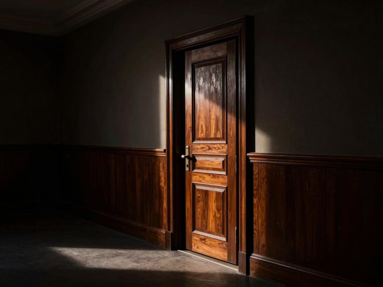 A heavy wooden courtroom door slightly ajar, dramatic low-key lighting with a single beam of light cutting through the dark corridor, 35mm