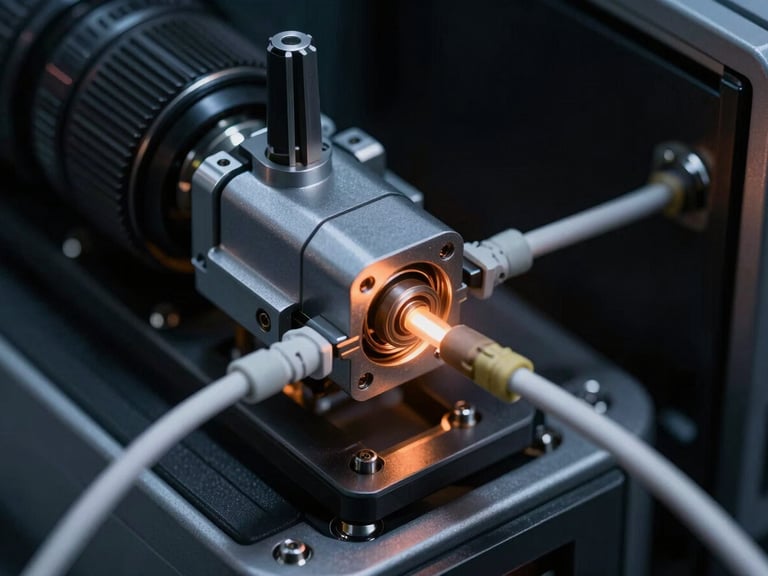 Macro details of a fiber optic fusion splicing machine in action, subtle laser orange glow, high contrast technical photography