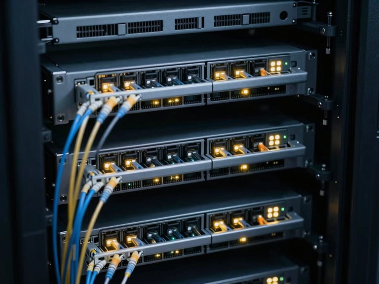 High-end core routers with active LED status indicators glowing in a dark server room, cool-toned technical photography