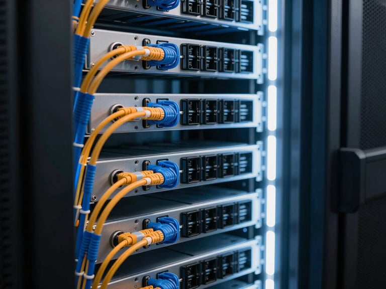 Impeccable server room rack with structured blue and orange fiber optic cabling, sharp technical lighting, cool-toned 35mm photography