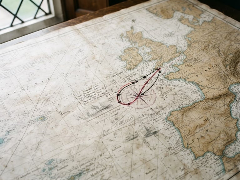 Wide shot of a vintage maritime map with handwritten annotations, soft diffused library light, aged paper tones, macro detail.