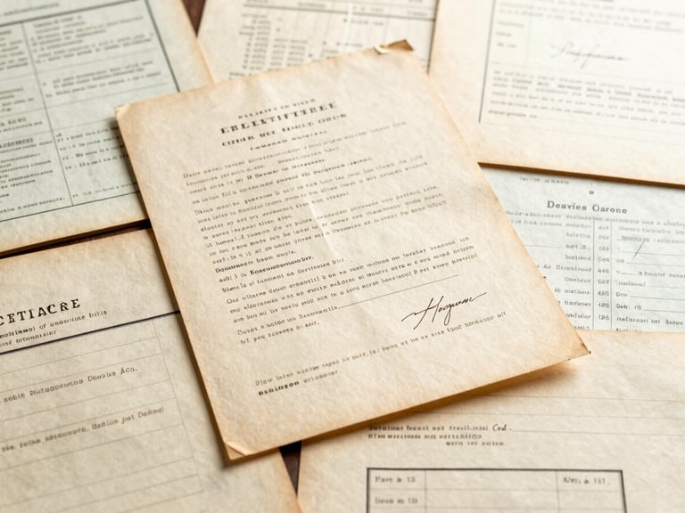 Flat-lay of several aged immigration documents and family registers, warm editorial photography, macro detail of ink on paper.