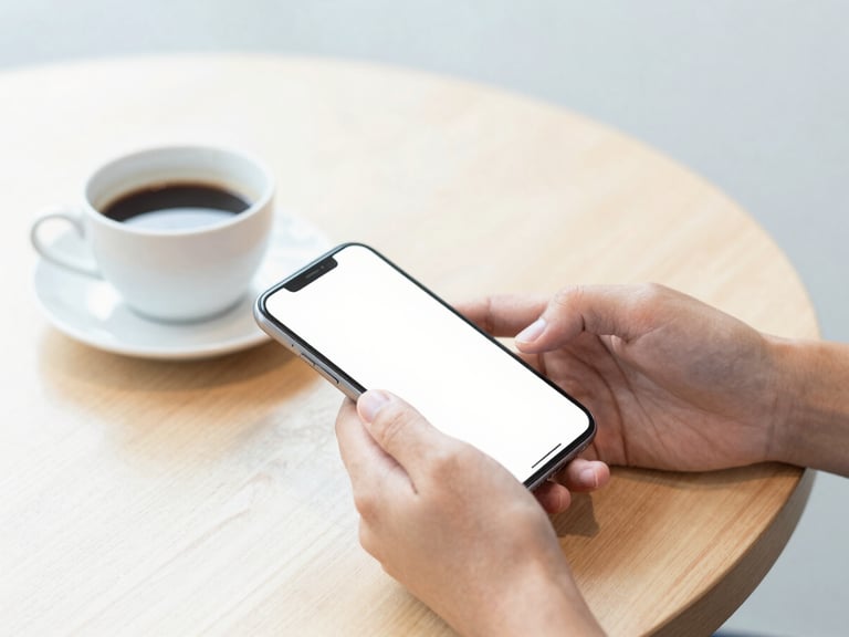Hands holding a smartphone over a wooden table, a cup of coffee nearby, bright and approachable