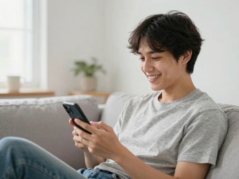 A person smiling while looking at their phone in a bright living room, relaxed everyday life setting, 50mm lens