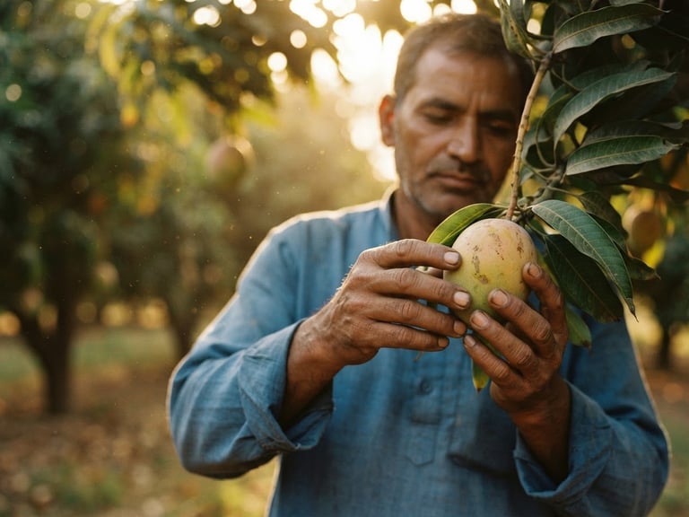Warm editorial photography of golden-hour sunlight filtering through orchard leaves in Uttar Pradesh, close-up of hands-on agricultural work, 35mm